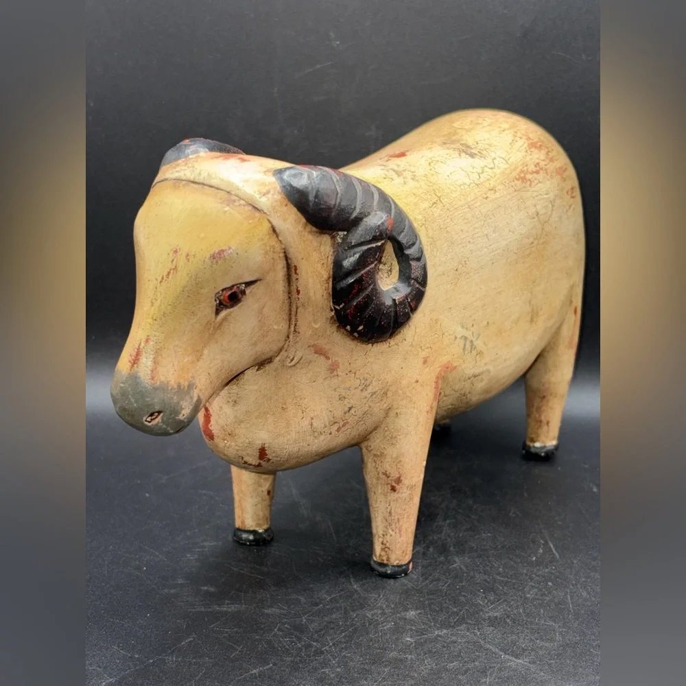 Vintage Hand Painted Carved Wood Sheep Ram Figure Sculpture Folk Art Collectible